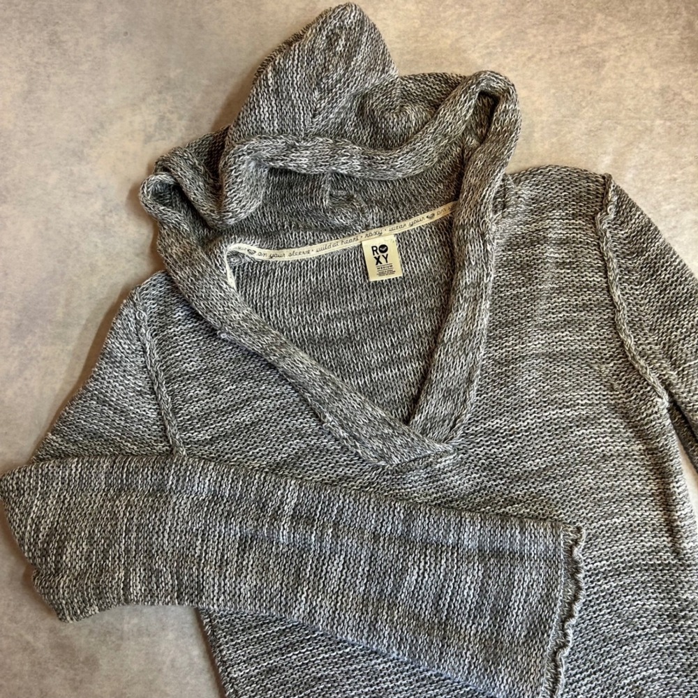 Roxy Women's Grey Marled Cotton Knit V-Neck Hoodie Sweater Bell Sleeves Medium